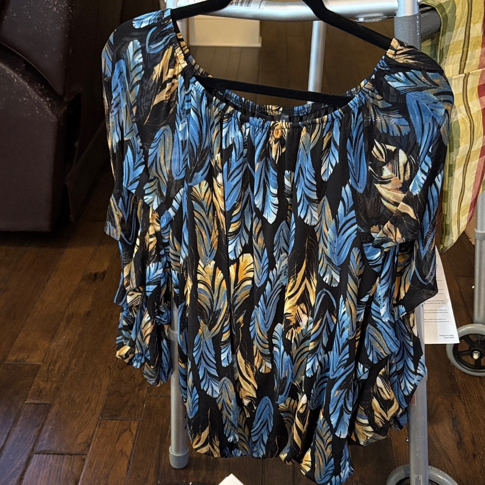 Elegant Blue & Gold Feather Print Med Blouse S391 On or OFF shoulder 🪶🪶